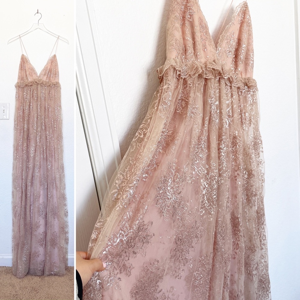 Marchesa Notte Rose Gold Pink Lace Tulle Glitter Deep Plunge Maxi Gown Dress 12